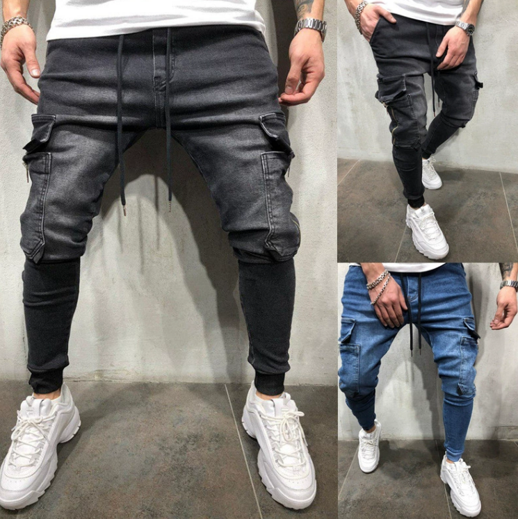 Mens Black Denim Slim Fit Jeans Male Skinny Pencil Pants Casual Cargo Pants Trousers with Pockets Straps Free Shipping