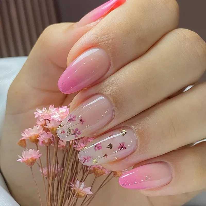 24Pcs Simple Pink Press on Nails Shiny Glitter False Nail On Almond Fake Nails with Glue Wearable Acrylic Full Cover Nail TipsW250120