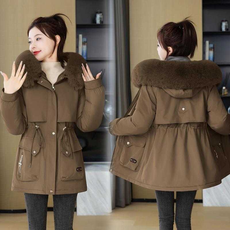 Overcome Womens New Winter Fashion Versatile Cotton Jacket With Hoodie Big Plush Collar Warm Cotton Jacket For Women Women Jackets Coat Woman Fur 2412