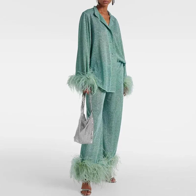 Style Women Elegant Feathers Decoration Sets Spring Stand Collar Button Blouse Shirts Wide Leg Pants Outfits Solid Fall Suit Y2k 250107