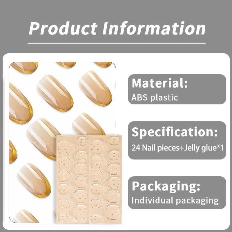 24Pcs Gold French Fake Nails With Jelly Gel Mid-length Almond Press on False Nails Wearable Round Head Oval Full Cover Nail TipsW250120