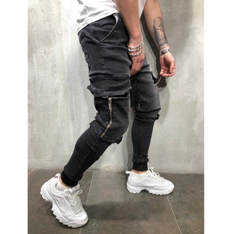 Mens Black Denim Slim Fit Jeans Male Skinny Pencil Pants Casual Cargo Pants Trousers with Pockets Straps Free Shipping