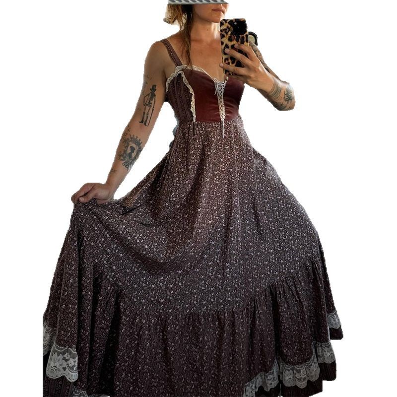 L1190 women's clothing 2025 spring new fashion suspenders lace floral high waist slim long dress