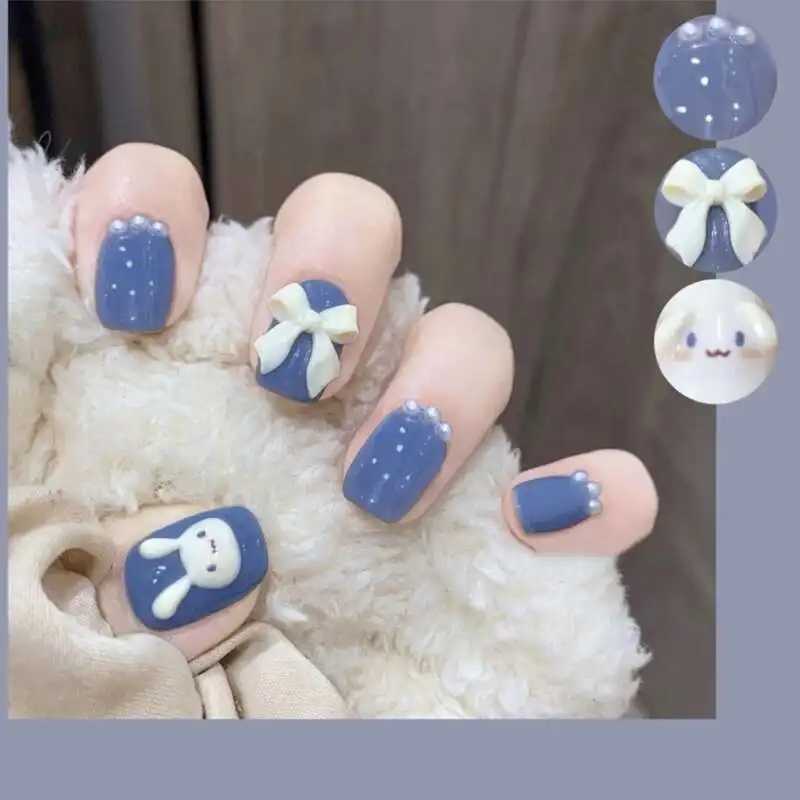 24PCS/Box Bowknot Rabbit Pattern l Short Square Designer Fashion Design French Style Full Covering Pressed Fake NailsW250120