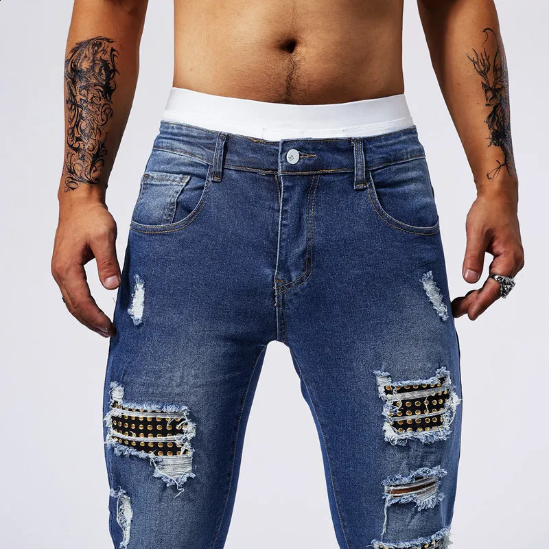 High Quality Mens Denim Pants Hole Ruined High Street Worn-out Small Leg Elastic Jeans Tight Jeans for Men 250116