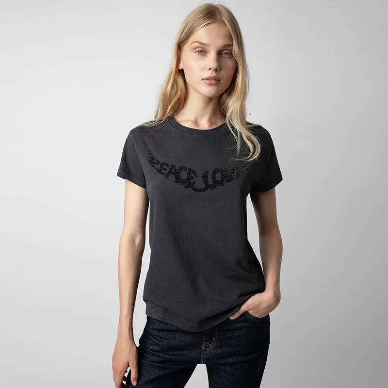 Spring And Summer French Niche ZV Printed Wings Hot Stamping Dia Washed Water Cotton Slim Fit Short Sleeved T-Shirt