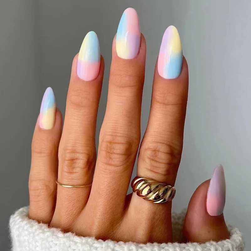 24pcs/box Ballerina Flase Nail Tips Colorful Ribbon Design Nail Art Almond Style Fake Nails Press on Nails Removable with GlueW250120