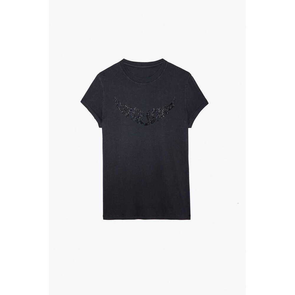 Spring And Summer French Niche ZV Printed Wings Hot Stamping Dia Washed Water Cotton Slim Fit Short Sleeved T-Shirt