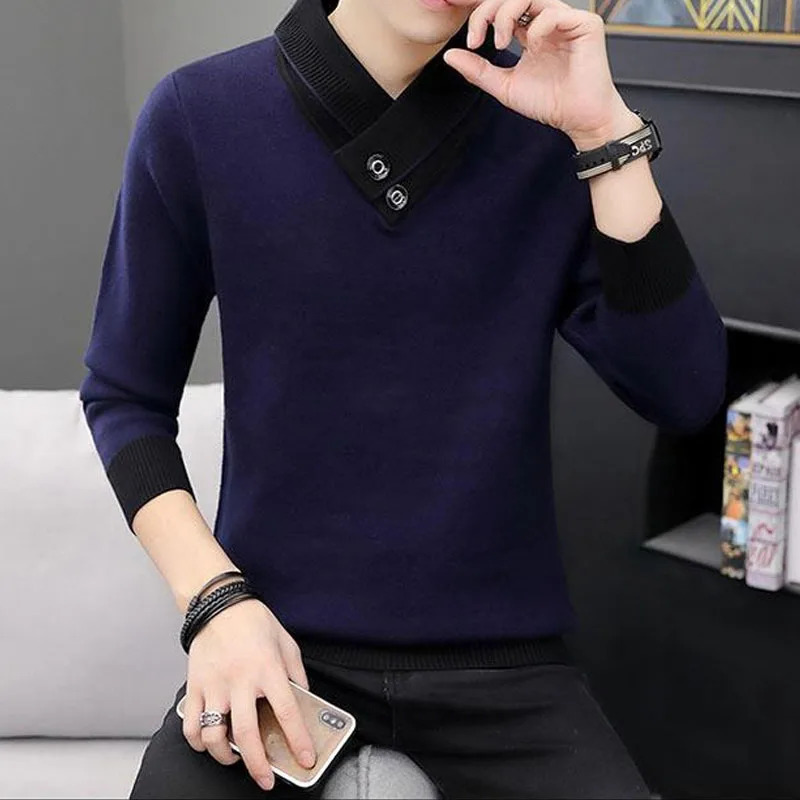2023 Autumn Winter Mens Turtleneck Thick Long Sleeve Sweaters Korean Trend Solid Color Spliced Knitted Pullovers Male Clothes 250114Z