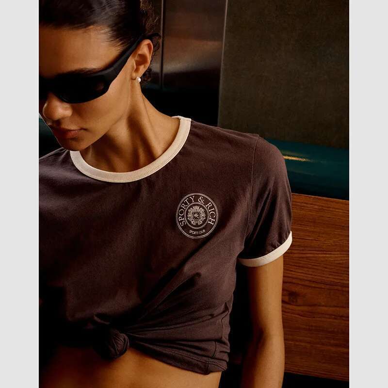 Spring And Summer New North American Niche Sporty&Rich Letter Printed Cuffs Contrasting Cotton Women's Short Sleeved T-Shirt