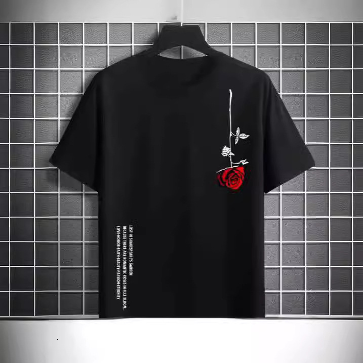 Summer mens fashion designer t-shirt tee high quality round neck top cotton short sleeved trendy classic rose print casual loose tshirts