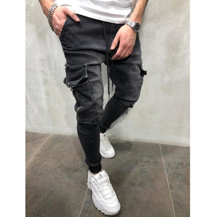 Mens Black Denim Slim Fit Jeans Male Skinny Pencil Pants Casual Cargo Pants Trousers with Pockets Straps Free Shipping