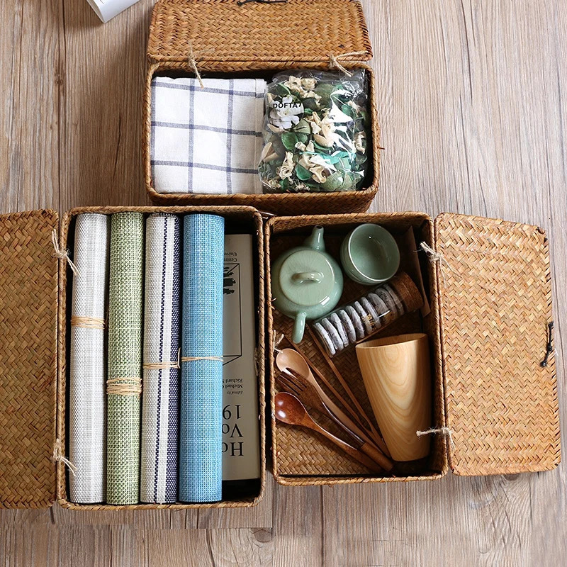 Woven Storage Basket Handmade Box Bath Laundry Baskets with Lid Sundries Clothes Organizer Bathroom Seaweed Towel Container 250116