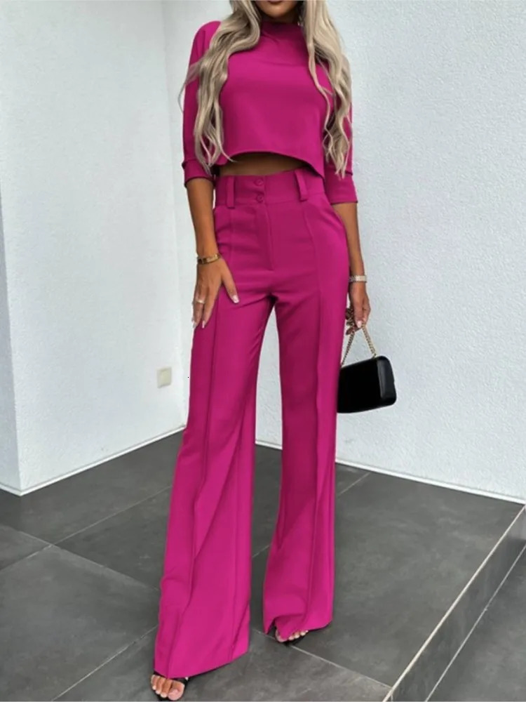 Elegant Office Lady Suits Fashion Solid Color Two Piece Set For Women Casual Crop Tophigh Waist Pants Sets 2024 Autumn 250109