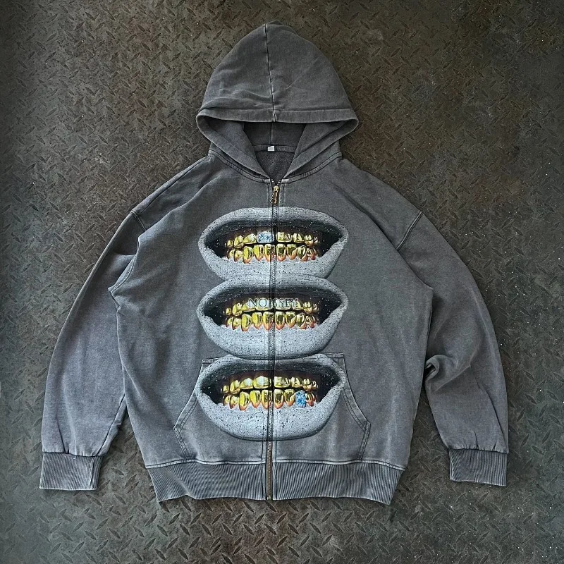 Y2K zip up Hoodie vintage 2000s print pattern Harajuku Hip Hop streetwear Casual Sweatshirt Hip Hop Goth Fashion Streetwear top 250113