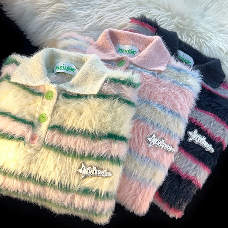Mohair Sweater Y2K Streetwear Striped Sweater Hip Hop Men Long Sleeve Pullovers Outwear Man Sweaters Loose Knitting Clothing 250113