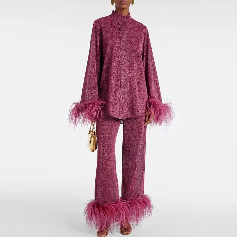 Style Women Elegant Feathers Decoration Sets Spring Stand Collar Button Blouse Shirts Wide Leg Pants Outfits Solid Fall Suit Y2k 250107