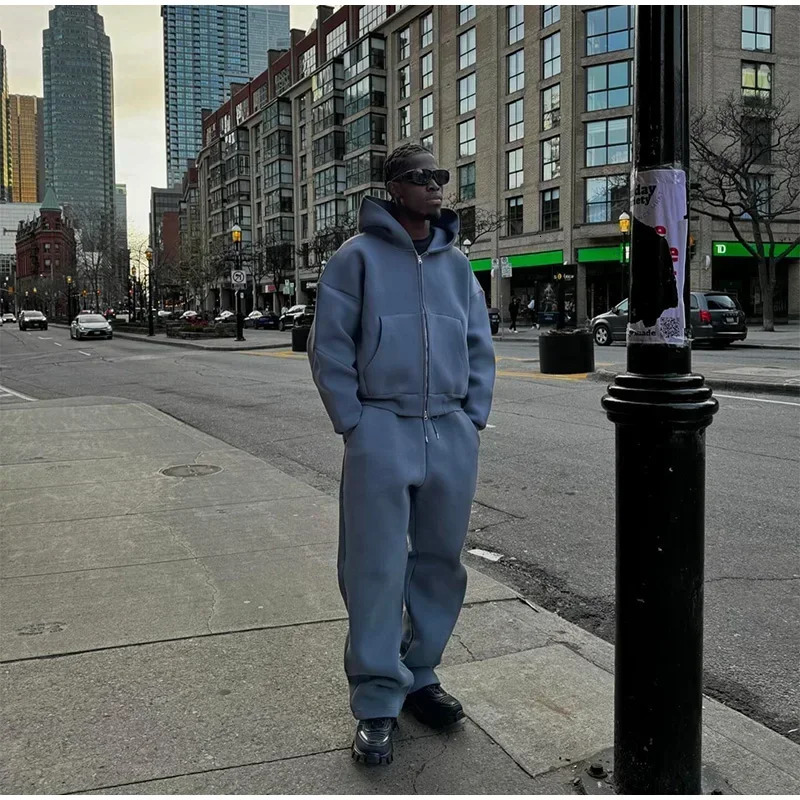 American street For Men Two Piece Fashion Solid Color Fleece Oversized Sweatshirt Suit Y2K Harajuku Hip Hop Slacks Jogging Pants 250109