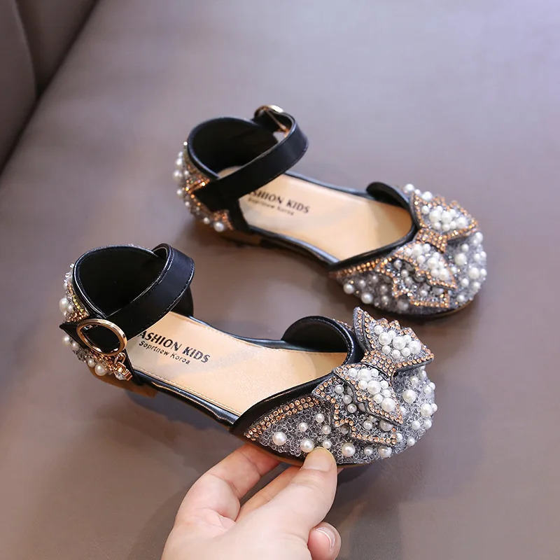 Girls Party Shoes Elegant Rhinestone Fashion Childrens Leather Shoes Versatile Sweet Kids Princess Wedding Dress Flats Sandals 250117
