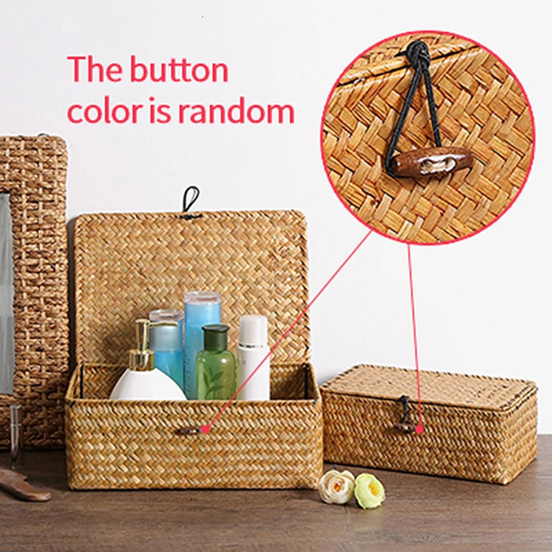 Woven Storage Basket Handmade Box Bath Laundry Baskets with Lid Sundries Clothes Organizer Bathroom Seaweed Towel Container 250116