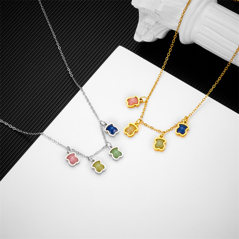 New Fashion Women Silver Gold Stainless Steel Bear Glass Hollow Letter Animal Pendant Necklace Sets Jewelry