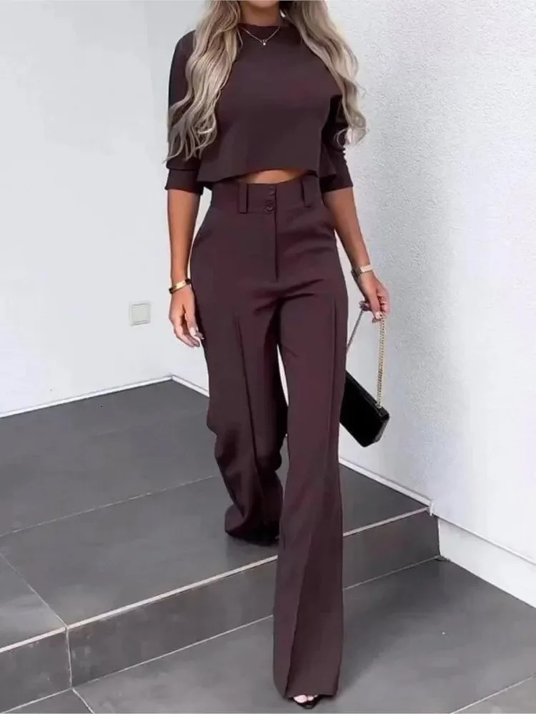 Elegant Office Lady Suits Fashion Solid Color Two Piece Set For Women Casual Crop Tophigh Waist Pants Sets 2024 Autumn 250109