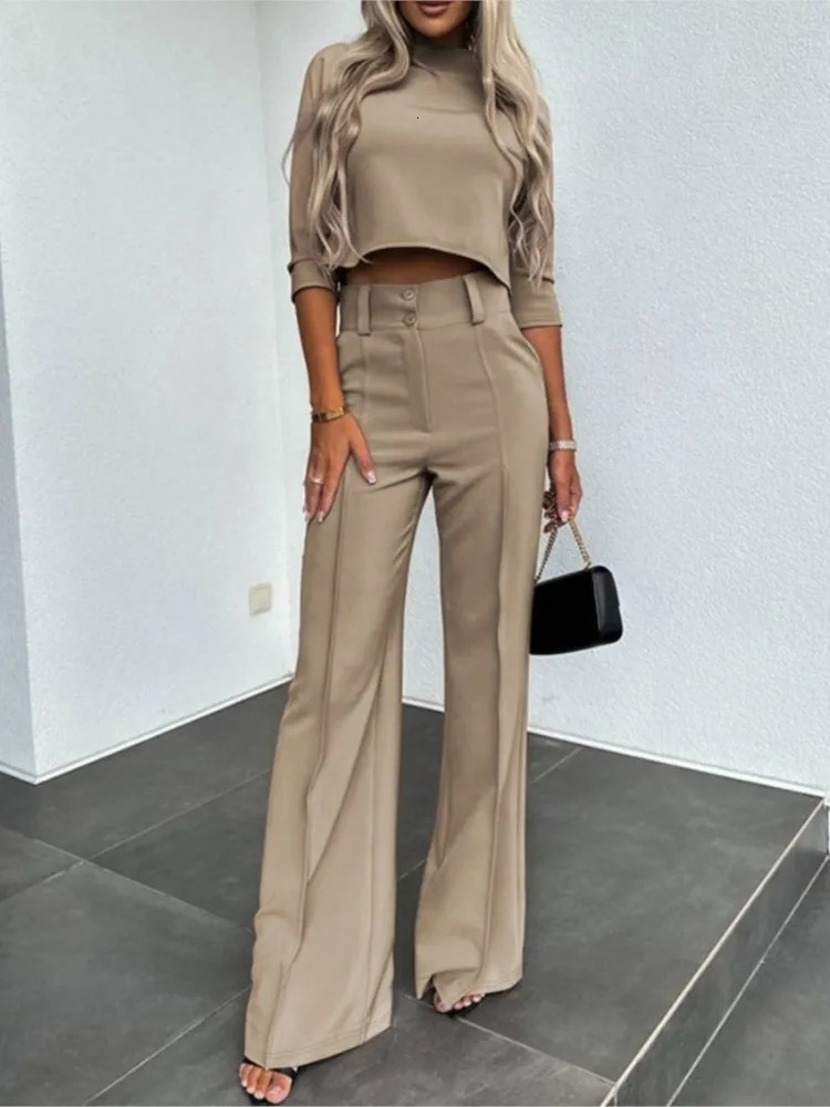 Elegant Office Lady Suits Fashion Solid Color Two Piece Set For Women Casual Crop Tophigh Waist Pants Sets 2024 Autumn 250109