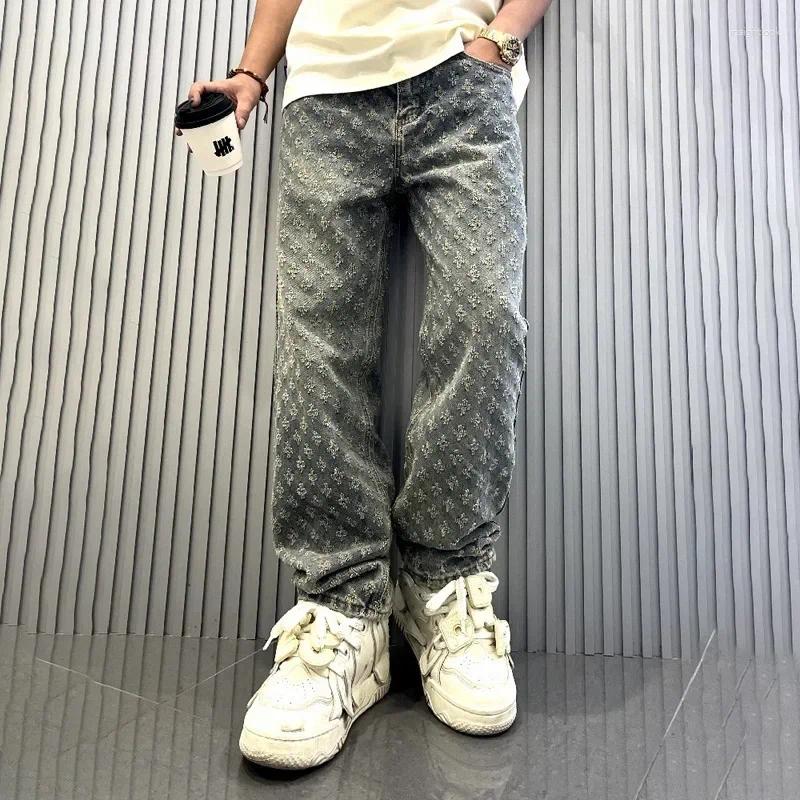 Men's Jeans 2025 Trendy Jacquard Full Print Streetwear Loose-Fit Straight-Leg Wide-Leg Long Pants Casual Ins Design Sensibility