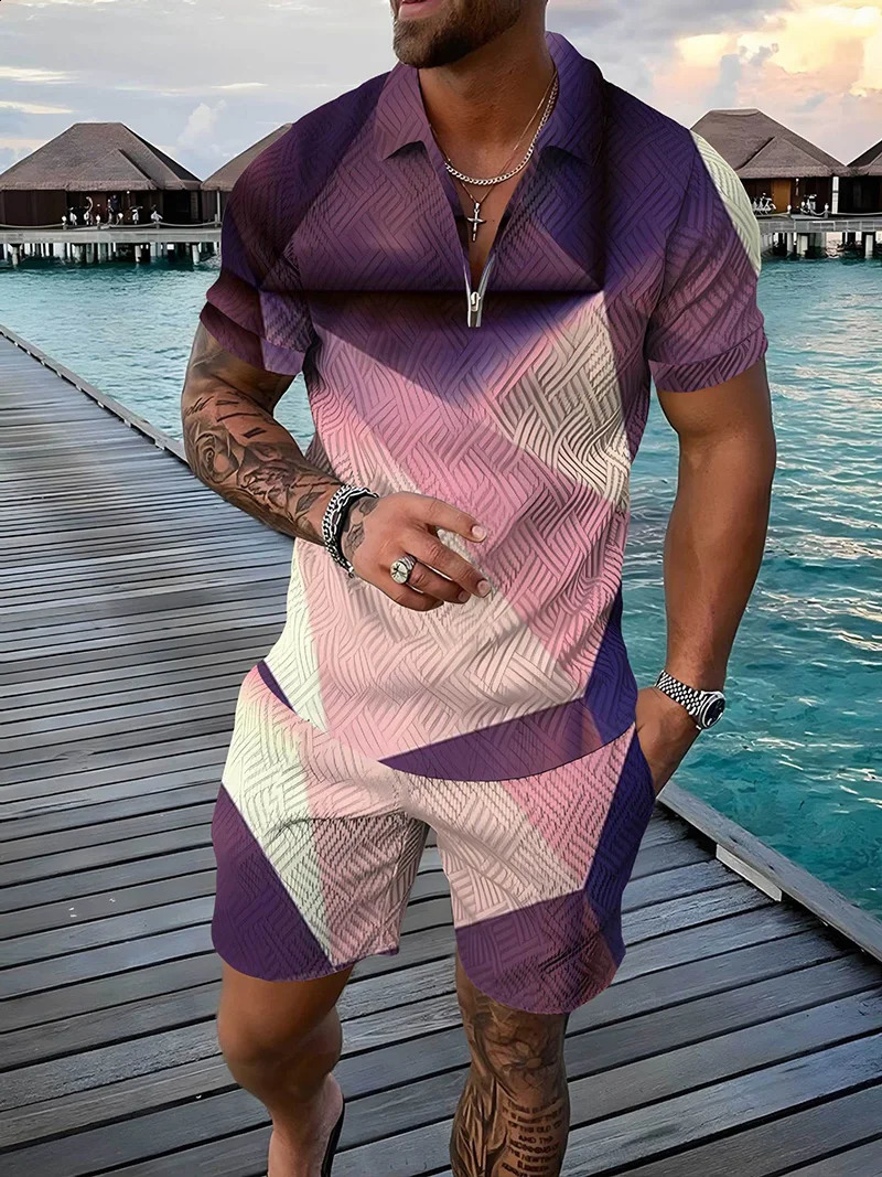 Summer Fashion Mens Sweatsuit set Colored Patches 3D Print Casual Zipper Polo Shirt Shorts 2pcs Sets Oversized Tracksuit Sets 250113