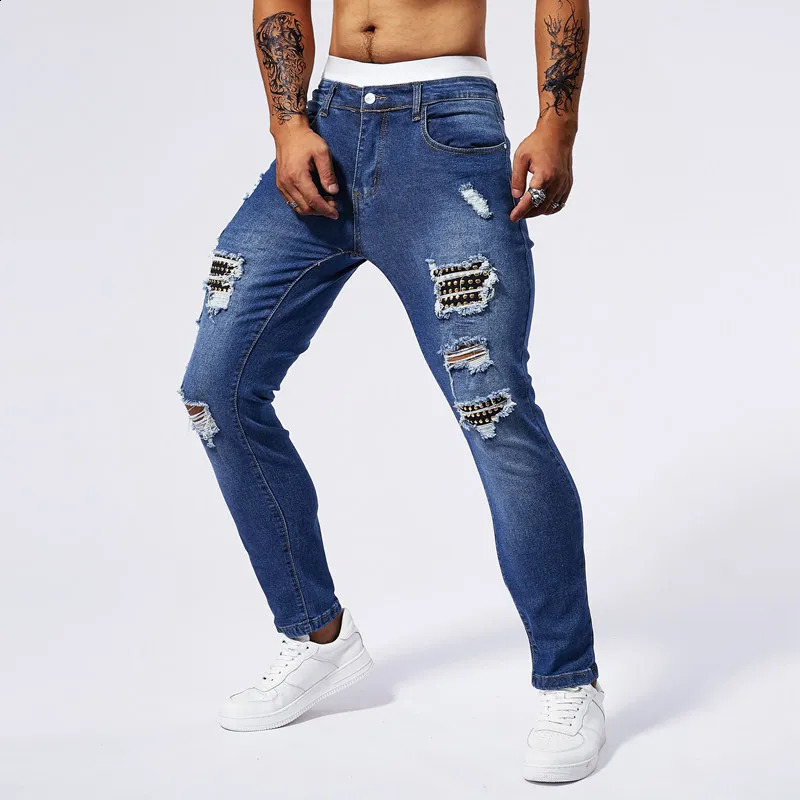 High Quality Mens Denim Pants Hole Ruined High Street Worn-out Small Leg Elastic Jeans Tight Jeans for Men 250116