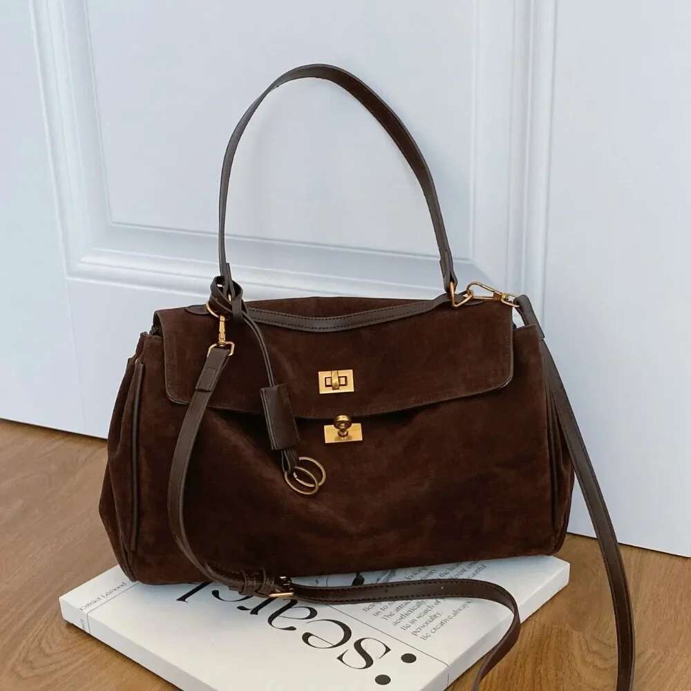Brand Rodeo Genuine Leather Brown Suede Totes Gold Buckle Shoulder Bags Fashion Women Handbags