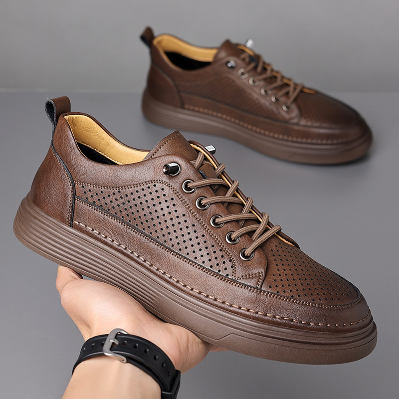 2025 Casual leather men's cowhide perforated business dress men's shoes summer breathable leather shoes driving shoes men