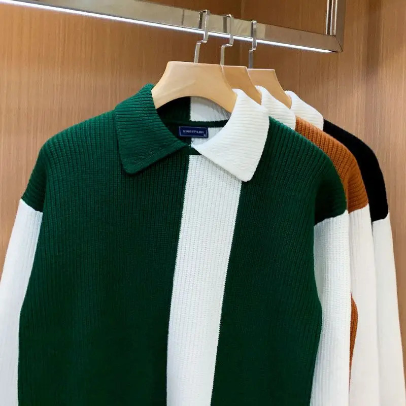 European American Trendy n Colorblocked Lapel Pullover for Men Casual Personalized Thickened Round Neck Sweaters 250114Z