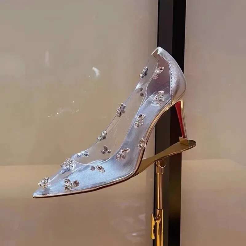 Sier Transparent Rhie High Heels Women 2025 Summer Banquet Red Bottom Fine Heel Crystal Wedding Shoes Tacones Mujer