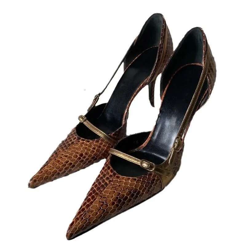 Small and Niche Design Pointed Thin Heel Snake Skin Pattern High Heels for Women Retro Spicy Girl Belt Buckle Hollow Sandals