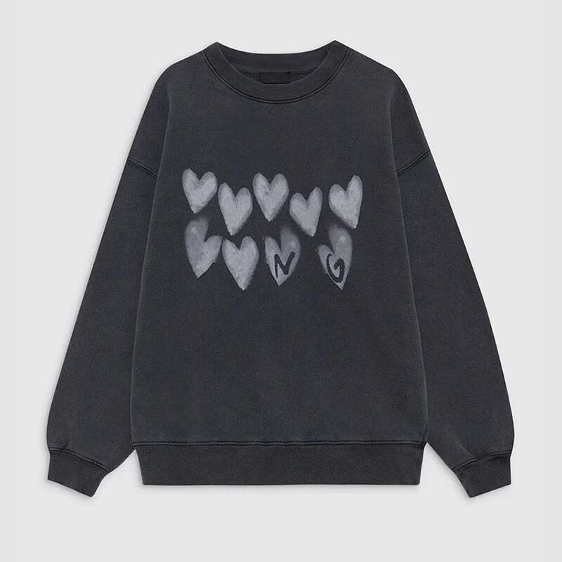 Winter New North American Niche AB Love Letter Printed Wash Water Stir Fried Color Distressed Black Gray Women's Hoodie