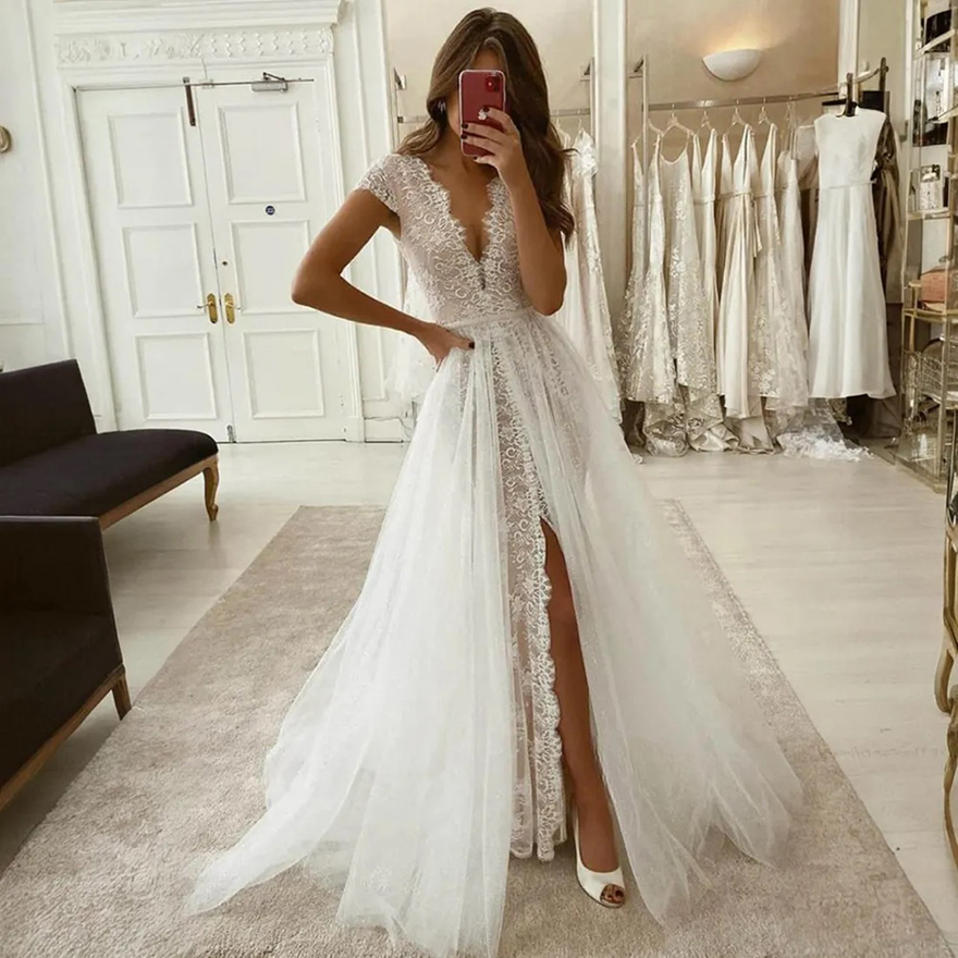 Beach A Line Wedding Dresses Deep V Neck Short Sleeves Gorgeous Fulllace Bridal Dress for Bride Tiered Tulle Marriage for African Arabic Black Women