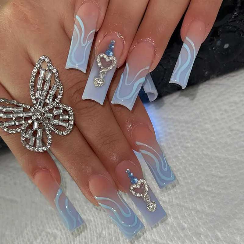 24pcs Artificial Fake Nails On Coffin French Ballerina Wearable False Nail Tips Finished Rhinstones Design Press on NailW250120