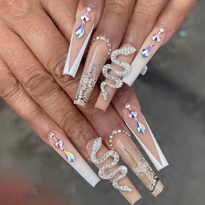 24pcs Artificial Fake Nails On Coffin French Ballerina Wearable False Nail Tips Finished Rhinstones Design Press on NailW250120