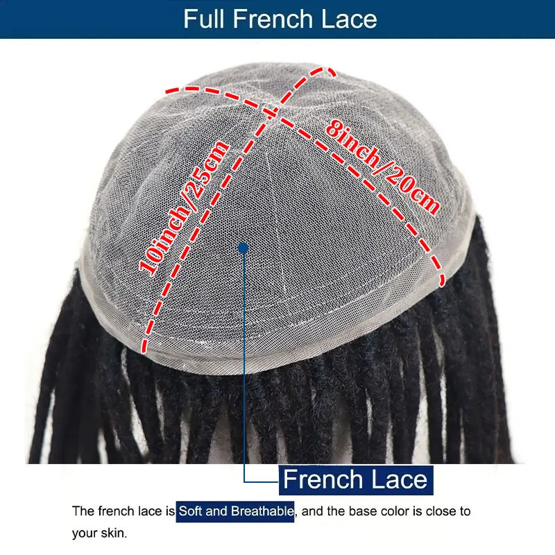 8x10Inch Handmade Dreadlock Full Lace Wig Human Hair Men Toupee #1B Afro Kinky Straight Locs Hair Braided Wig Dreadlocks Wig 250120