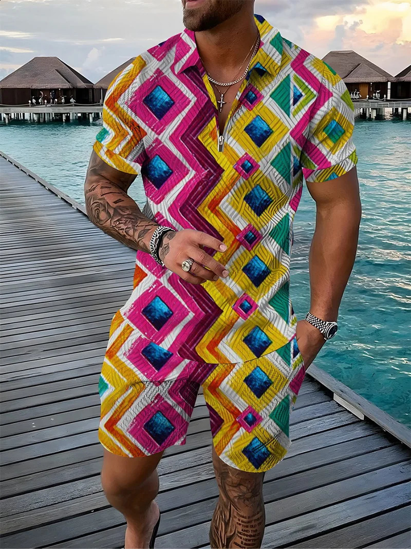 Summer Fashion Mens Sweatsuit set Colored Patches 3D Print Casual Zipper Polo Shirt Shorts 2pcs Sets Oversized Tracksuit Sets 250113