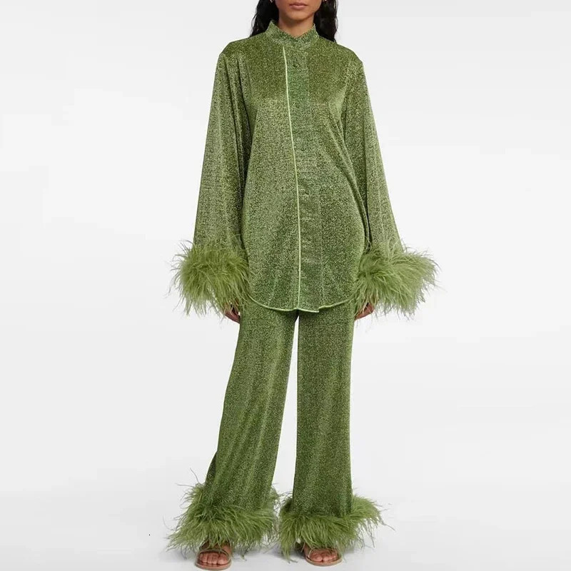 Style Women Elegant Feathers Decoration Sets Spring Stand Collar Button Blouse Shirts Wide Leg Pants Outfits Solid Fall Suit Y2k 250107