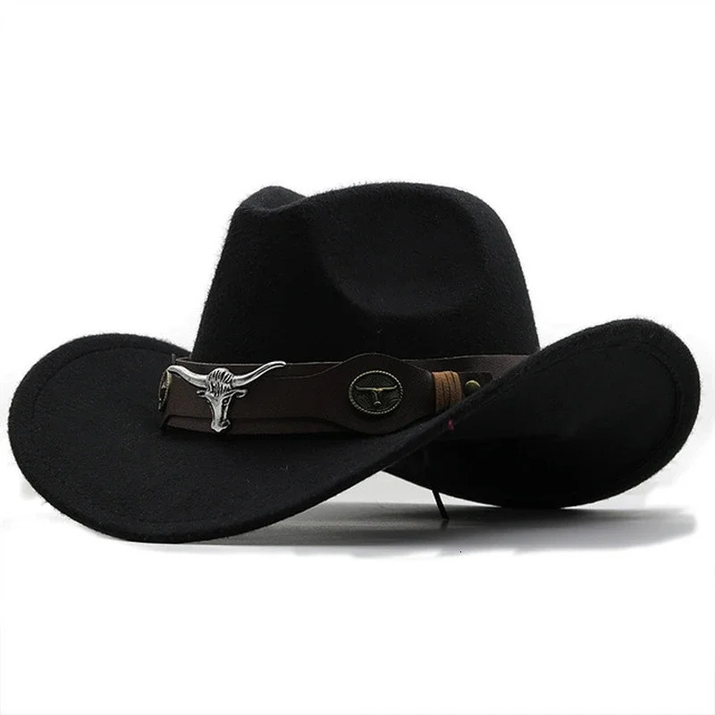 Western Cowboy Hat 4 Sizes Black Woolen Jazz Top Hat Men Ethnic Style Cow Head Ribbon Felt Cap Women ren Riding Fedora Hat 250116