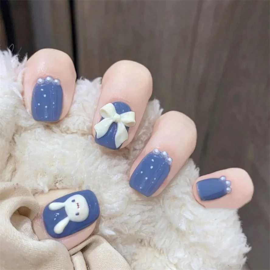 24PCS/Box Bowknot Rabbit Pattern l Short Square Designer Fashion Design French Style Full Covering Pressed Fake NailsW250120