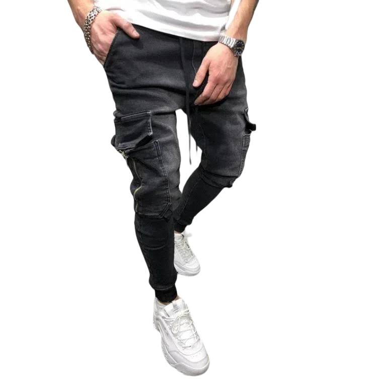 Mens Black Denim Slim Fit Jeans Male Skinny Pencil Pants Casual Cargo Pants Trousers with Pockets Straps Free Shipping