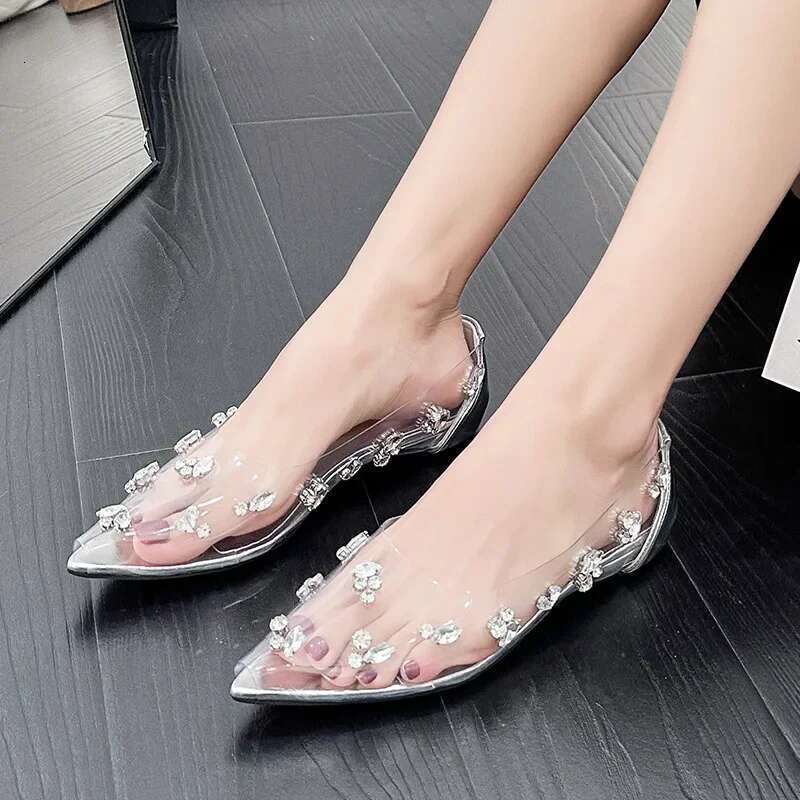 Sier Transparent Rhie High Heels Women 2025 Summer Banquet Red Bottom Fine Heel Crystal Wedding Shoes Tacones Mujer
