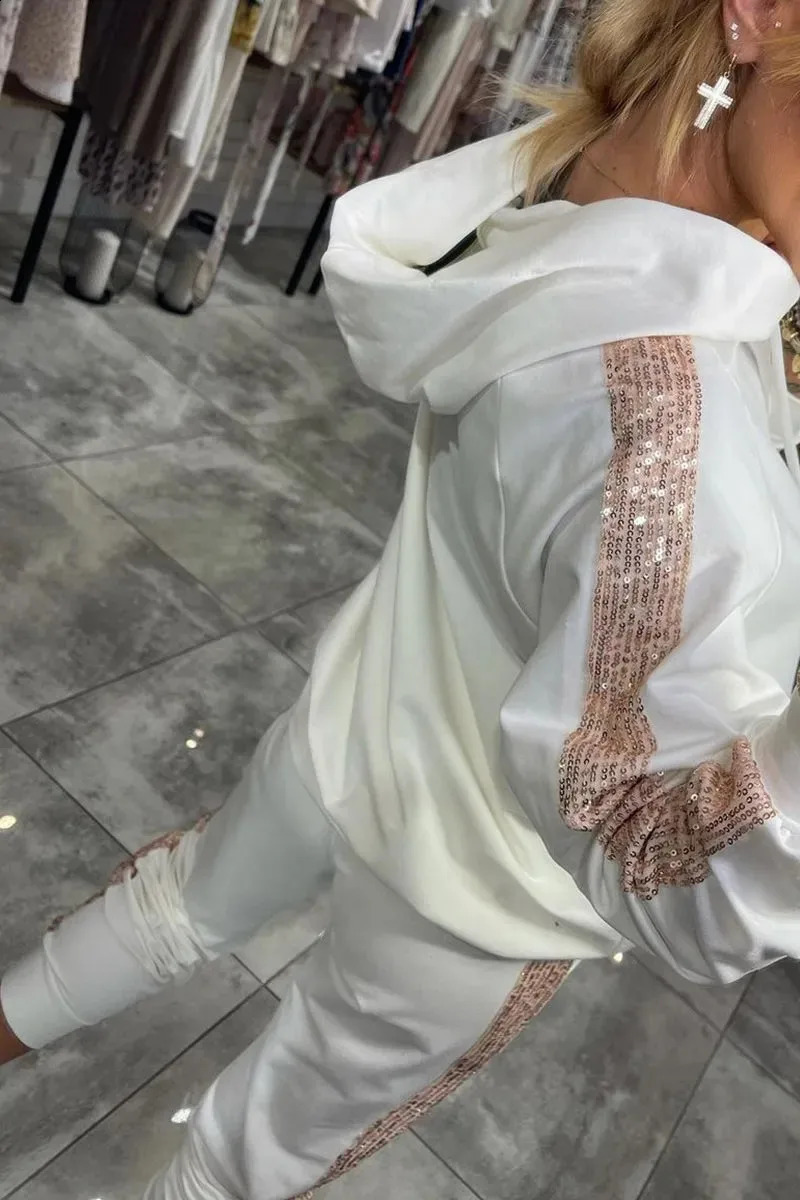 Autumn Winter Women Fashion Sequin Patchwork Sets Casual Stitching Hooded Sweater Suit Twopiece Set Femme 2 250120