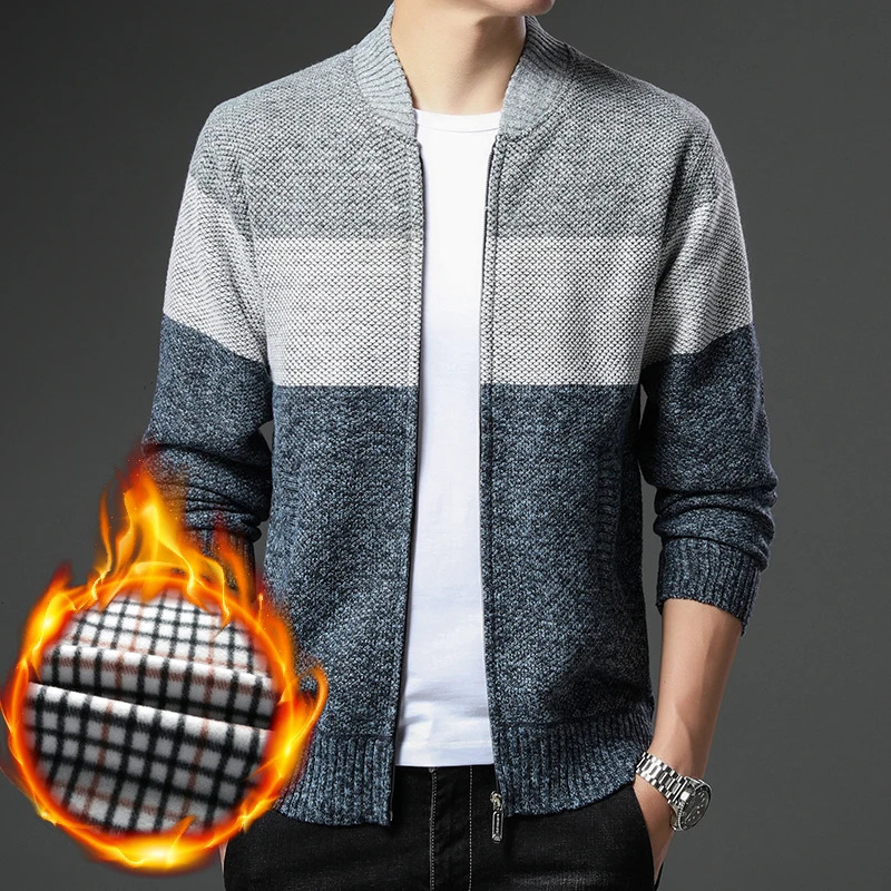 Mens Fleece Thick Cardigan Autumn Winter Knitted Sweaters Male Cardigans Slim Fit Cold Sweater Coat Jacket 250115m