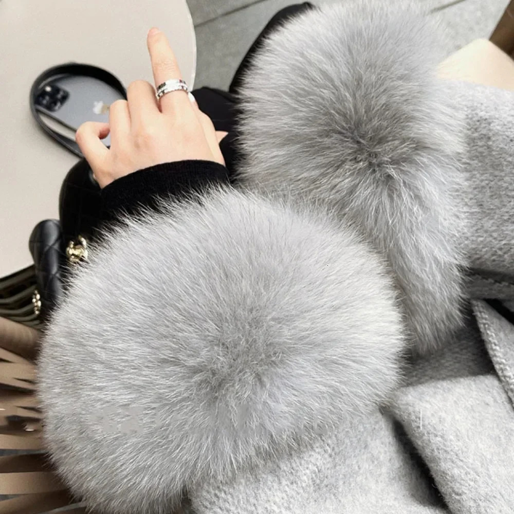 High End Doublesided Wool Strapping Real Fur Coat Womens Removable Cuffs Temperament Cashmere Short Jacket y250113