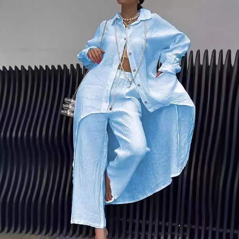Cotton Linen Solid Color Crochet Set Spring Lapel Button Irregular Top Wide Leg Pant Women 2 Pieces Long Sleeve Fall Suit Outfit 250107